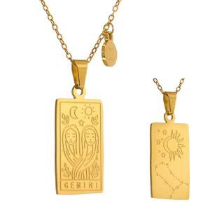 NEW 18K Gold Plated Gemini Sign Zodiac Tarot Card Square Pendant Ne…